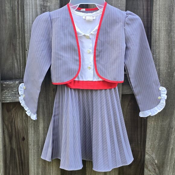 80s Girls Union Made Blazer Suit Gray White Red Pleated Dress Skirt 2 Pc Set 6x